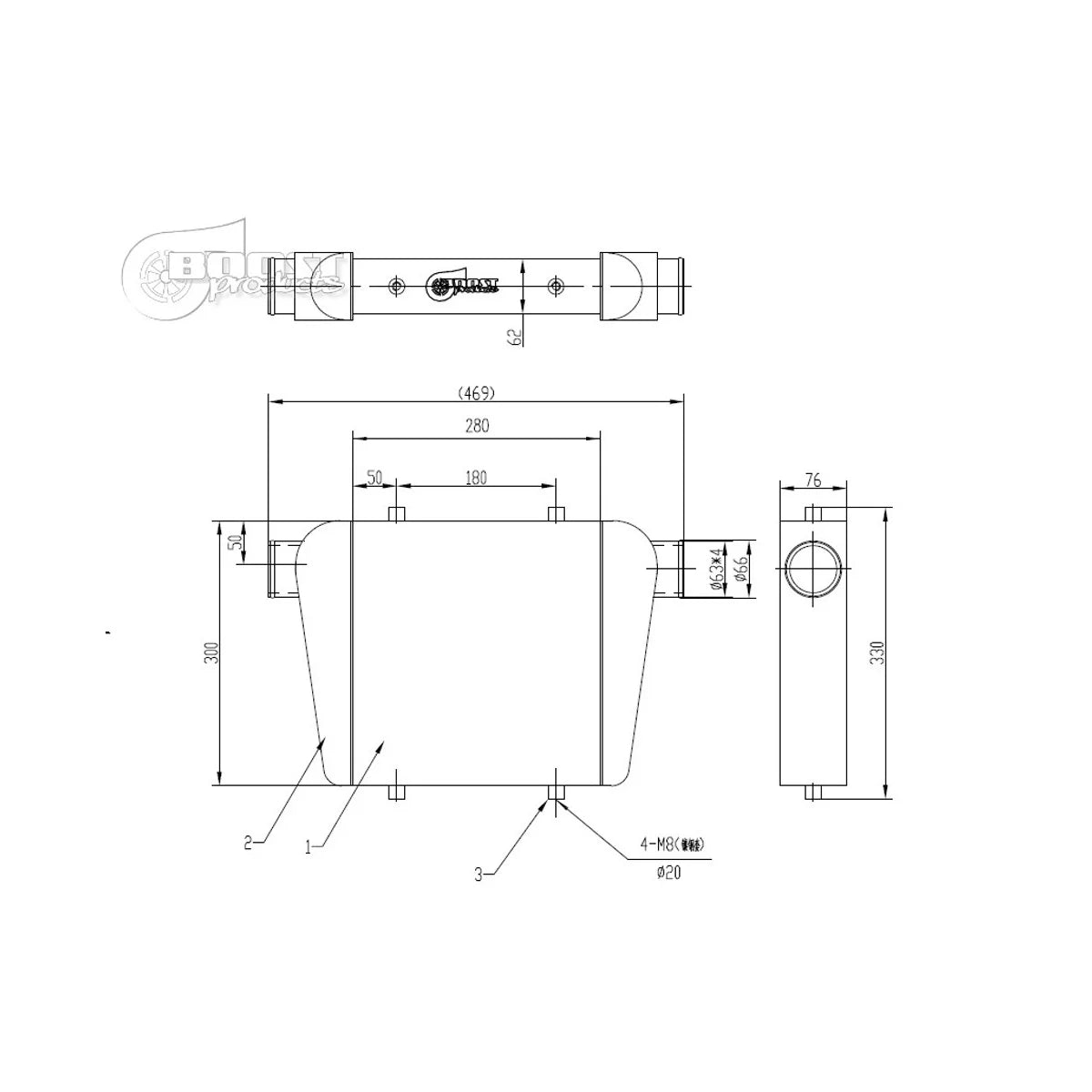 COMPETITION INTERCOOLER - TUBE & FIN - 280x300x76mm (63mm)